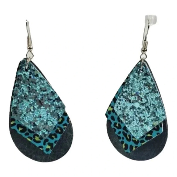 3 Layer Blue/Teal Sparkle Faux Leather Dangle Chic Lightweight Earrings  3bl14 - Picture 2 of 6
